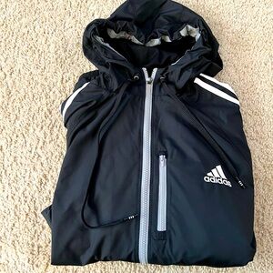 Adidas 3 stripe quarter zip hooded jacket. Water resistant. Pockets. Mens xl
